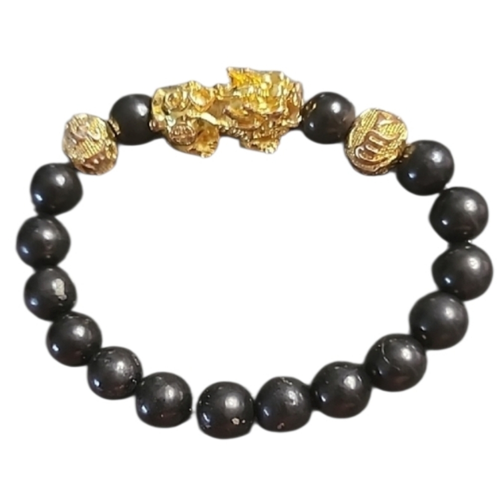Black Goldtone Beaded Stretch Dragon Bracelet